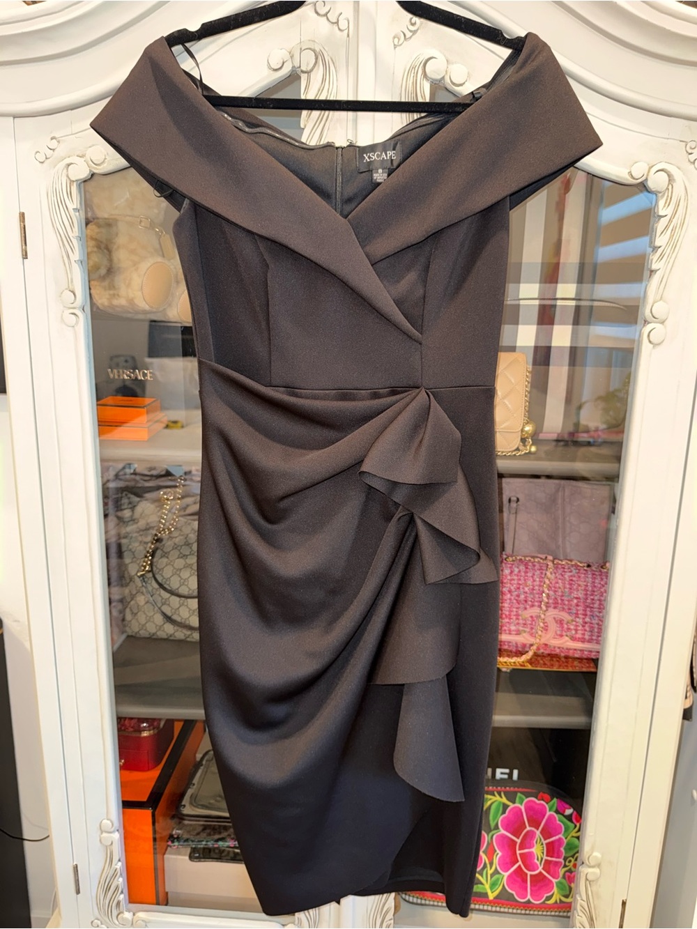 Xscape One-Shoulder Black Draped Ruffle Cocktail Dress